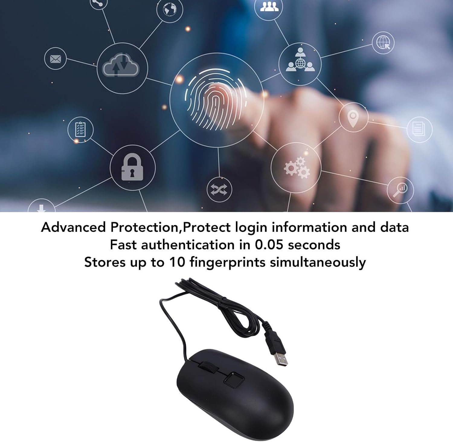 Wired USB Mouse with Fingerprint Reader, Biometric Security Wi ndows 11 10 Hello, 360 Fingerprint Recognition, Touch Speedy Matching for PC Laptop