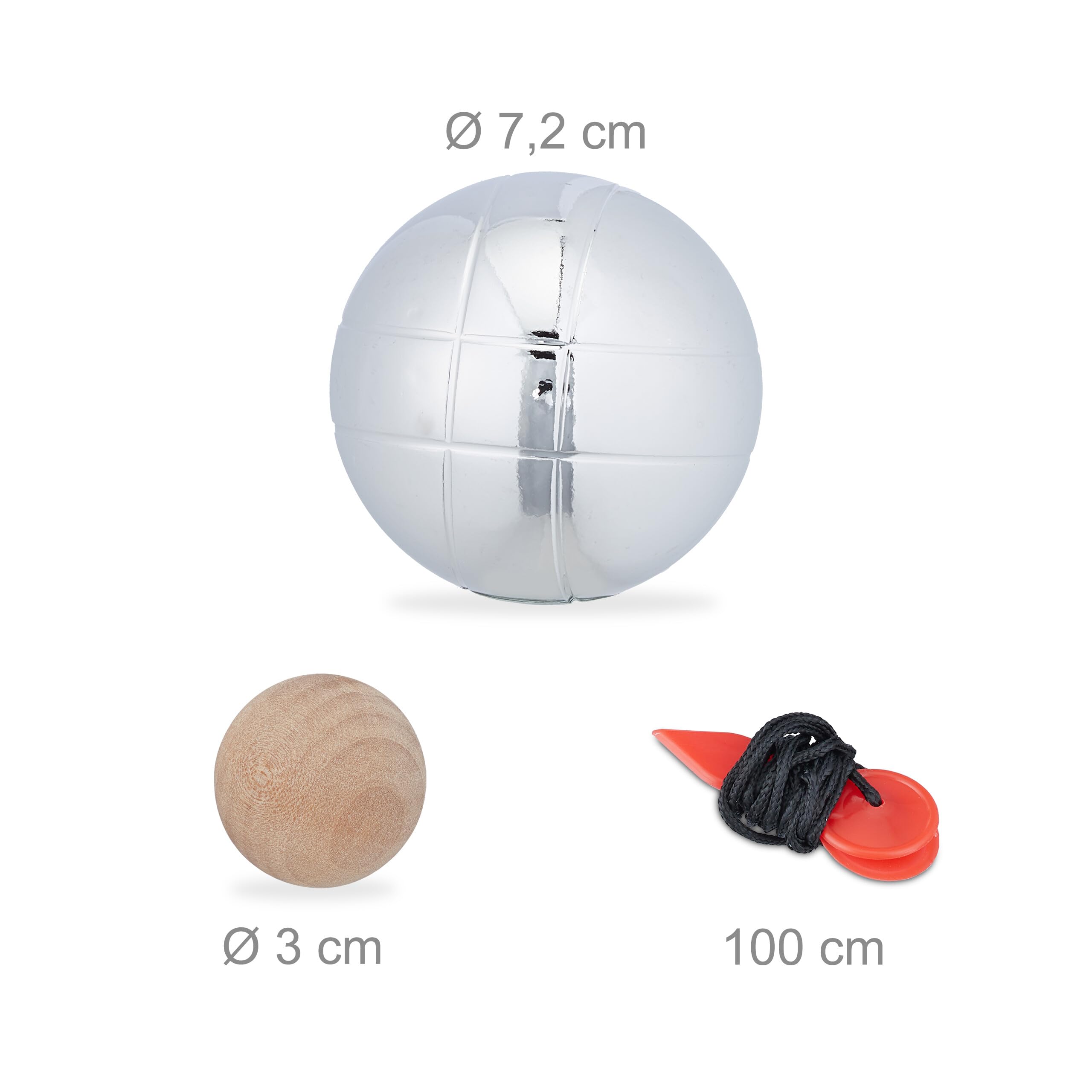 Relaxdays 8 Bolas de Petanca Acero, Cuerda de Medición y Maletín de Madera, Juego Boccia, 72 mm, Natural/Plateado