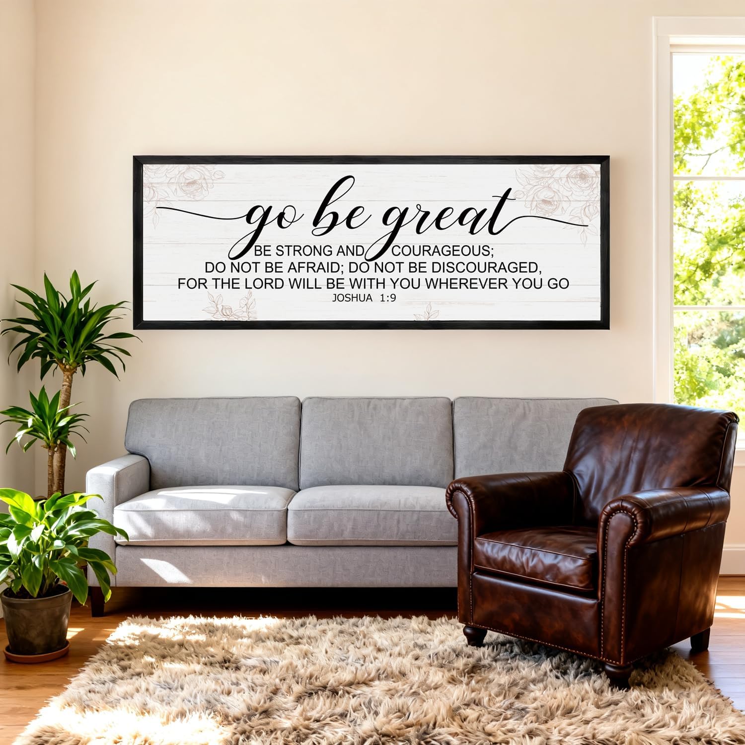Go Be Great Framed Wall Art, Positive Religious Black Bible Verse for Christian God Jesus Christ Prayer, 40''×15'' Vintage Rustic Long Holy Catholic Scripture Decor Black