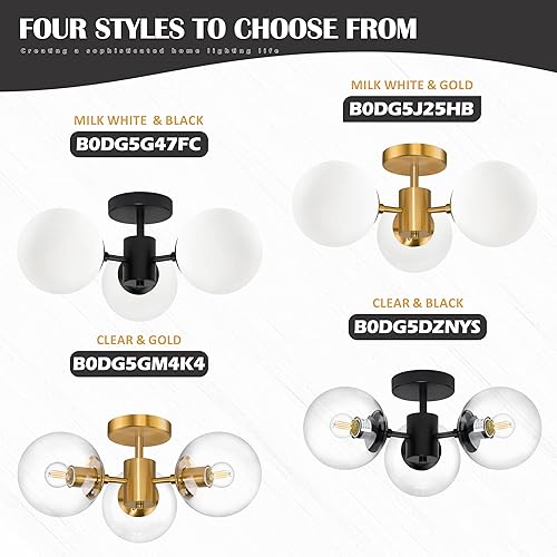 Miniatura 7 de Lámparas de techo semiempotradas de latón de mediados de siglo de 19 pulgadas, 3 luces de cristal esmerilado, lámpara de techo moderna para