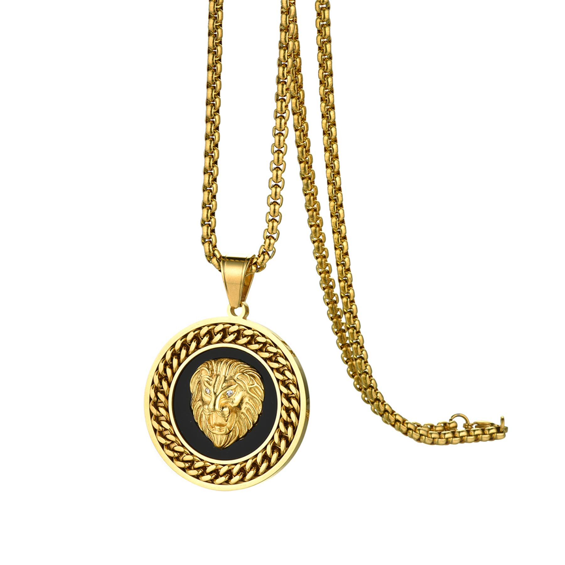 Flongo Men's Necklace Locket Stainless Steel Pendant Lion Head Rhinestone Crown King Tog Tag Plate Chain Viking Royal Chain Necklace Men Gold Silver Black