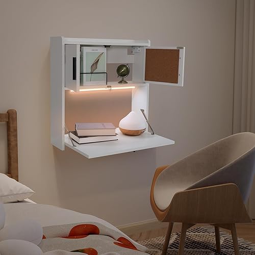 Miniatura 2 de ARTETHYS Wall Mounted Desk with LED Light Multifunctional Fold Down Laptop Computer Table Writing Workstation with Storage Compartments Space Saving
