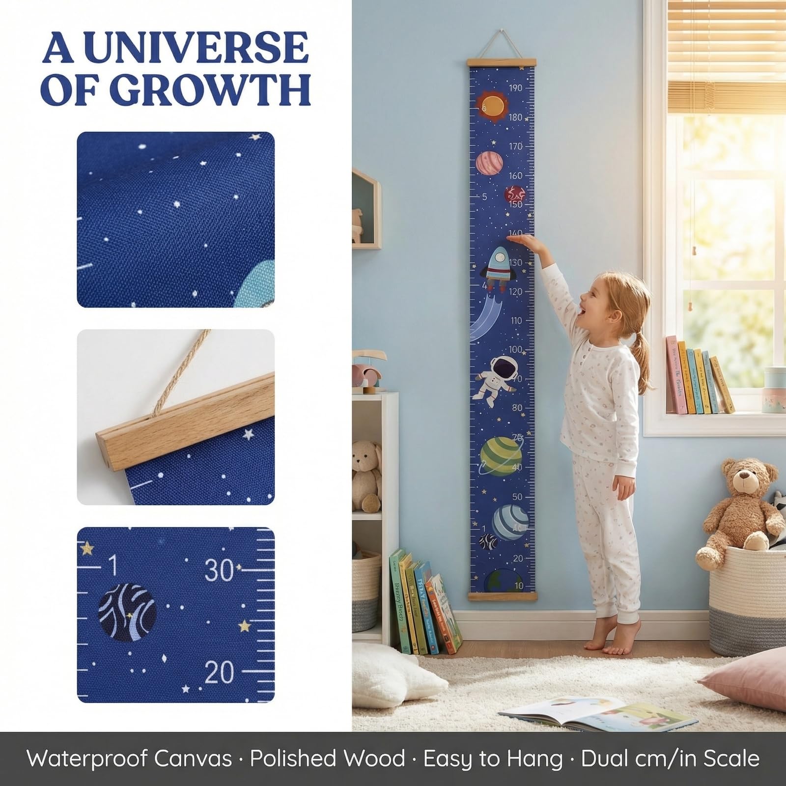 Bebé Gráficos de Crecimiento 7.9 '' x 79 '' Medidor Altura Niños Pared Regla de Pared de Madera Tabla de Crecimiento para Niños para Dormitorio Infantil (Espacio)