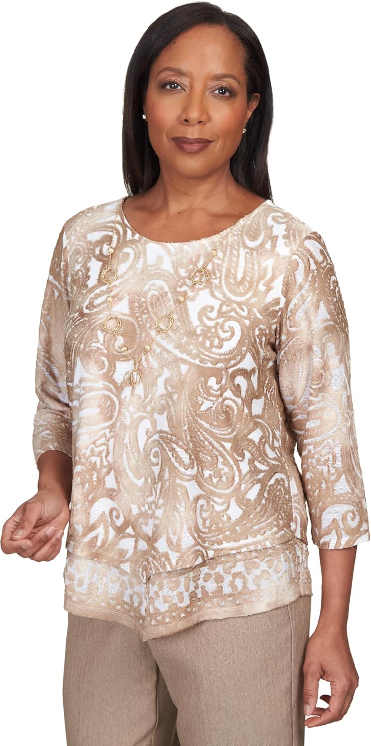 Alfred Dunner Women's Paisley Jacquard Pointed Hem Top Size S Latte - Image 4