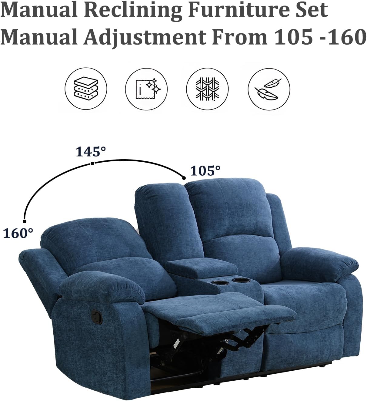 Manual Recliner Chair, Reclining Chair, Blue Recliner Armchair for Living Room
