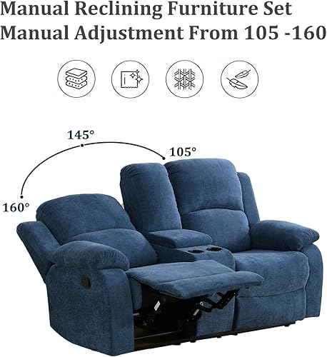 Miniatura 4 de Juego de sofá reclinable manual, 2 piezas, sofá reclinable de franela azul para sala de estar