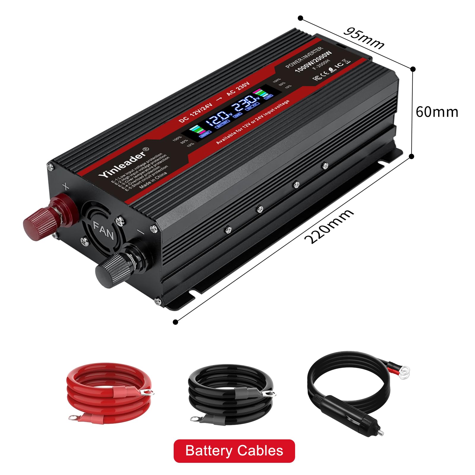 Yinleader 2000W Wechselrichter 12V/24V auf 230V KFZ Spannungswandler mit LCD Display 1 EU Steckdose und 2 USB-Ports KFZ Inverter mit Zigarettenanzünder für LKW, Auto, Wohnmobil, Camping