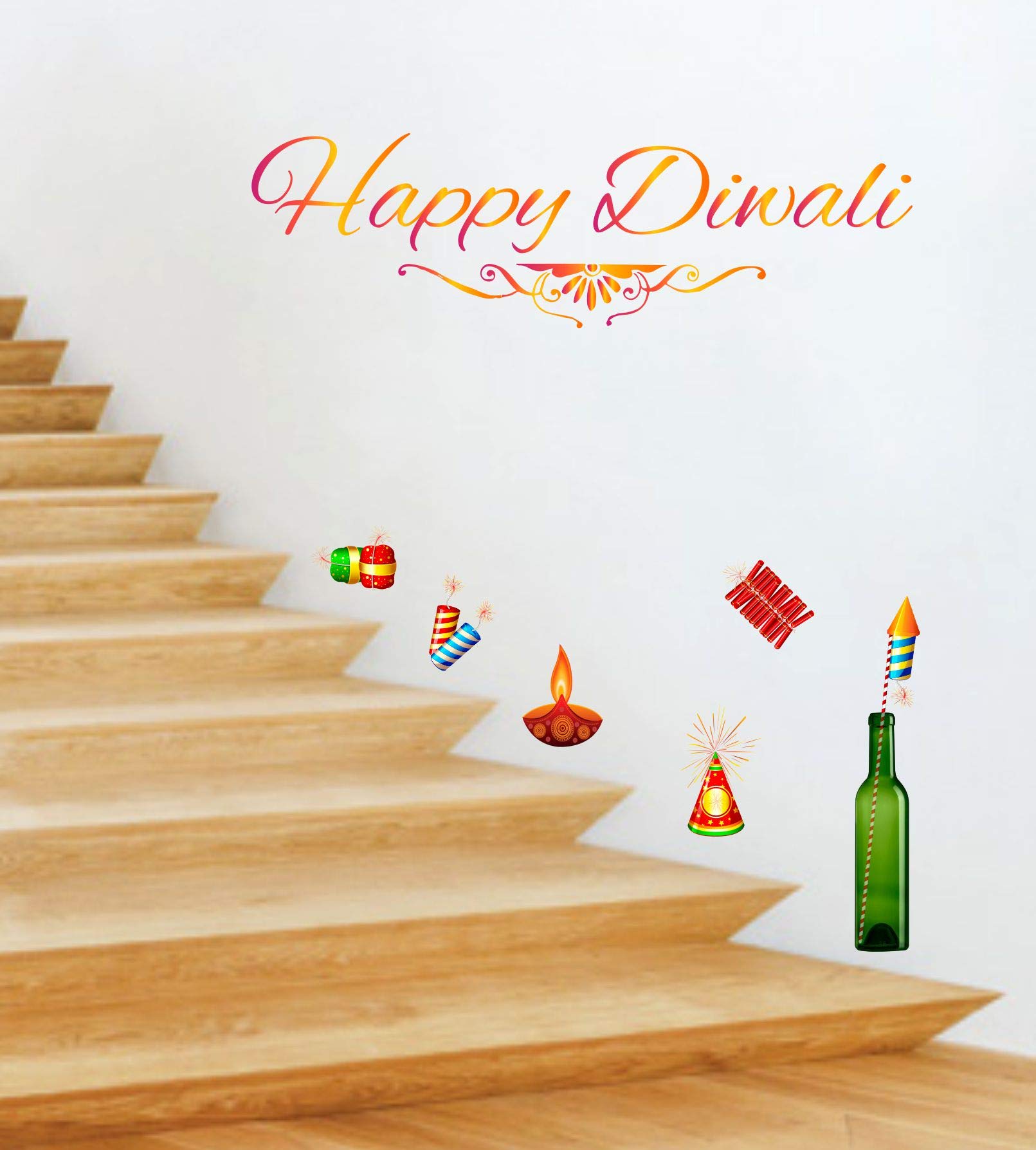 GADGETS WRAP Happy Diwali with Diya Lamps & Crackers pataka, Rocket for Wall Coverage Vinyl Stickers (Multicolour, 69 cm-h x 96 cm-w)