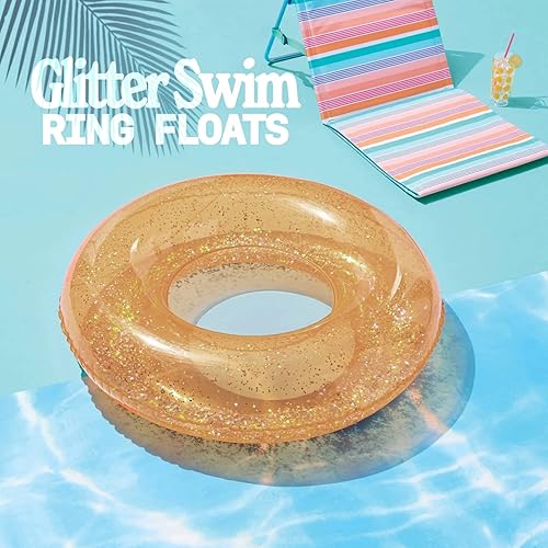 Miniatura 5 de Boxgear Anillo de natación con purpurina dorada para piscina, playa, lago, piscina con purpurina, tubo de natación inflable con purpurina para