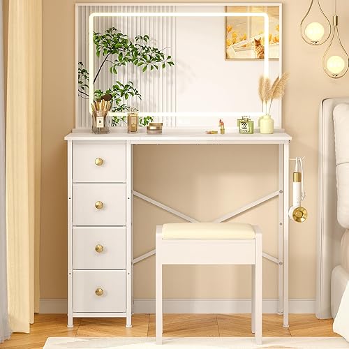 ThreeHio Vanity Desk No Mirror, White Makeup Vanity Desk with 4 Fabric Drawers, Small Vanity Table for Bedroom, Girls Compact Vanity Dressing Table with Storage, 36 Inches Kids Desk for Small Space