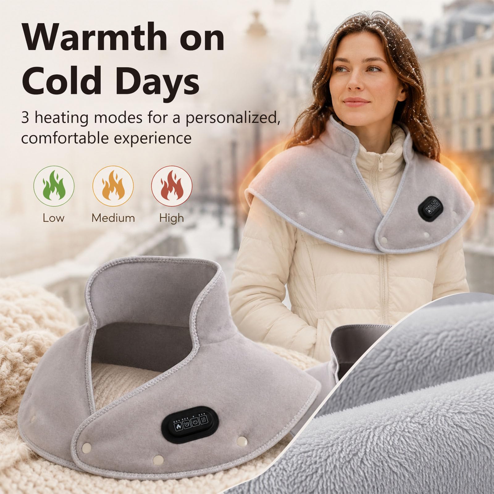 Wireless Thermal Neck Pad with Quick Heating, Thermal Pad for Back, Shoulders and Neck, 3 Heat Levels, Cervical Thermal Pad for Relaxing the Shoulders and Back, Gift for Women, Mom, Father，Gris
