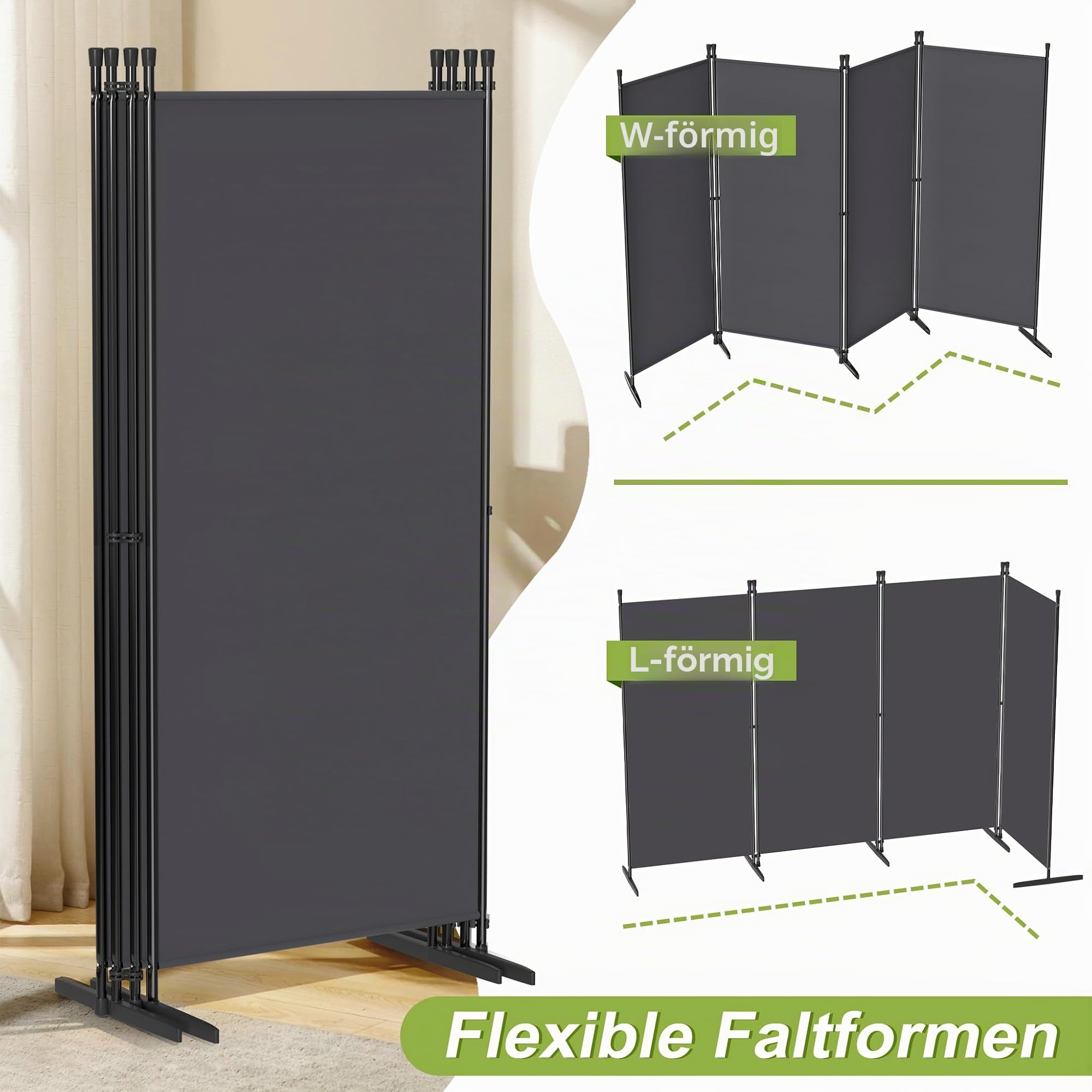 LZQ Paravent Raumteiler Klappbar Freistehend Sichtschutz Trennwand Faltbar Spanische Wand Stellwand Raumtrenner für Schlafzimmer Wohnzimmer Büro Balkon Innenbereich – 3 Teilig 240x180 cm Dunkelgrau
