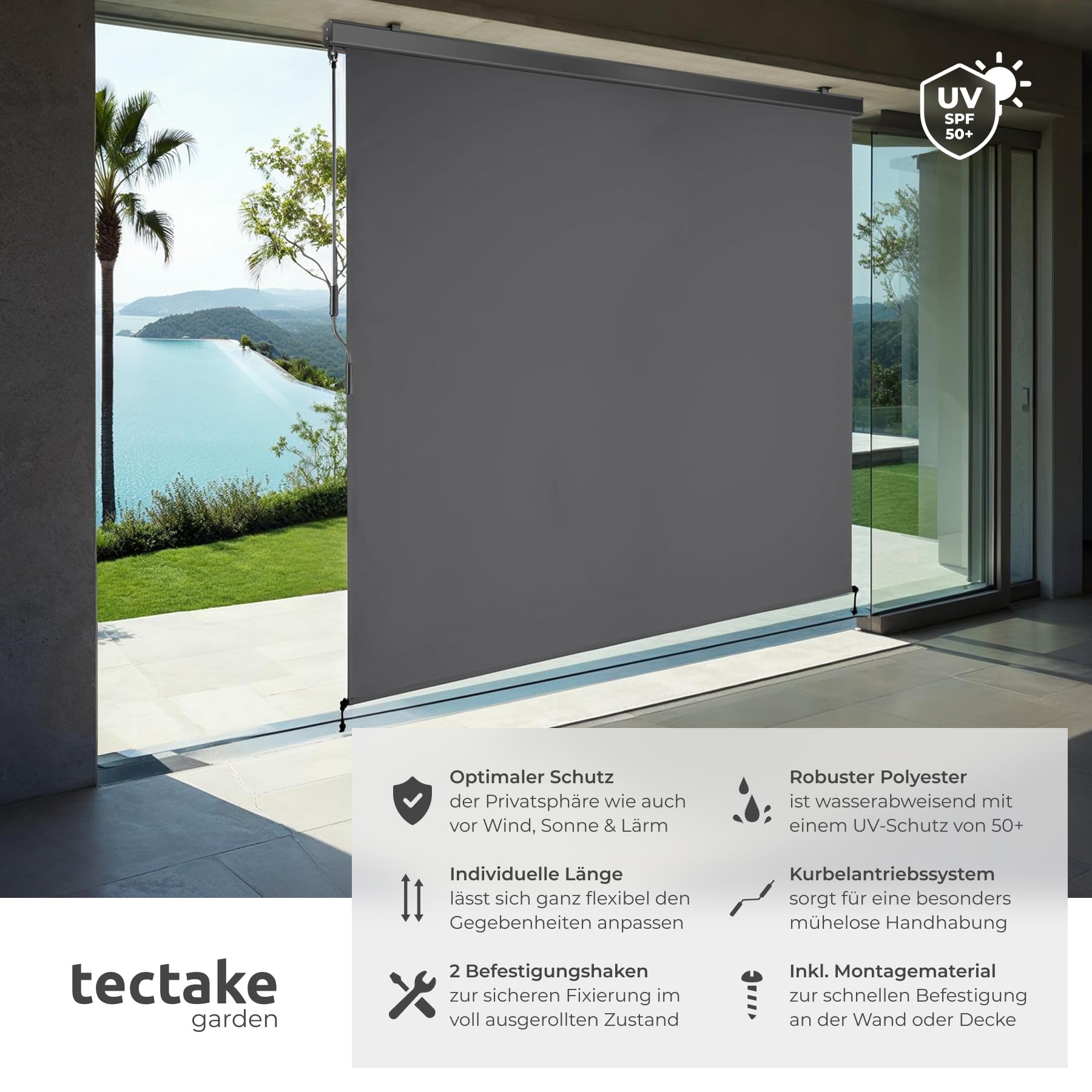 tectake® Markise, Senkrechtmarkise, Sonnenschutz Balkon Sichtschutz Terrasse, Flexible Trennwand für Pergola, Garten, Windschutz, Sonnenschutz, Balkonsichtschutz - dunkelgrau, 200 x 250 cm