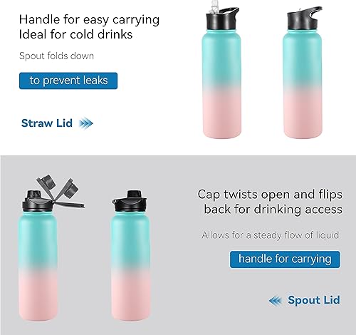 Miniatura 5 de VEGOND Botella de agua aislada de acero inoxidable de 40 onzas con tapa de popote a prueba de fugas y tapa de boquilla, boca ancha, doble pared al