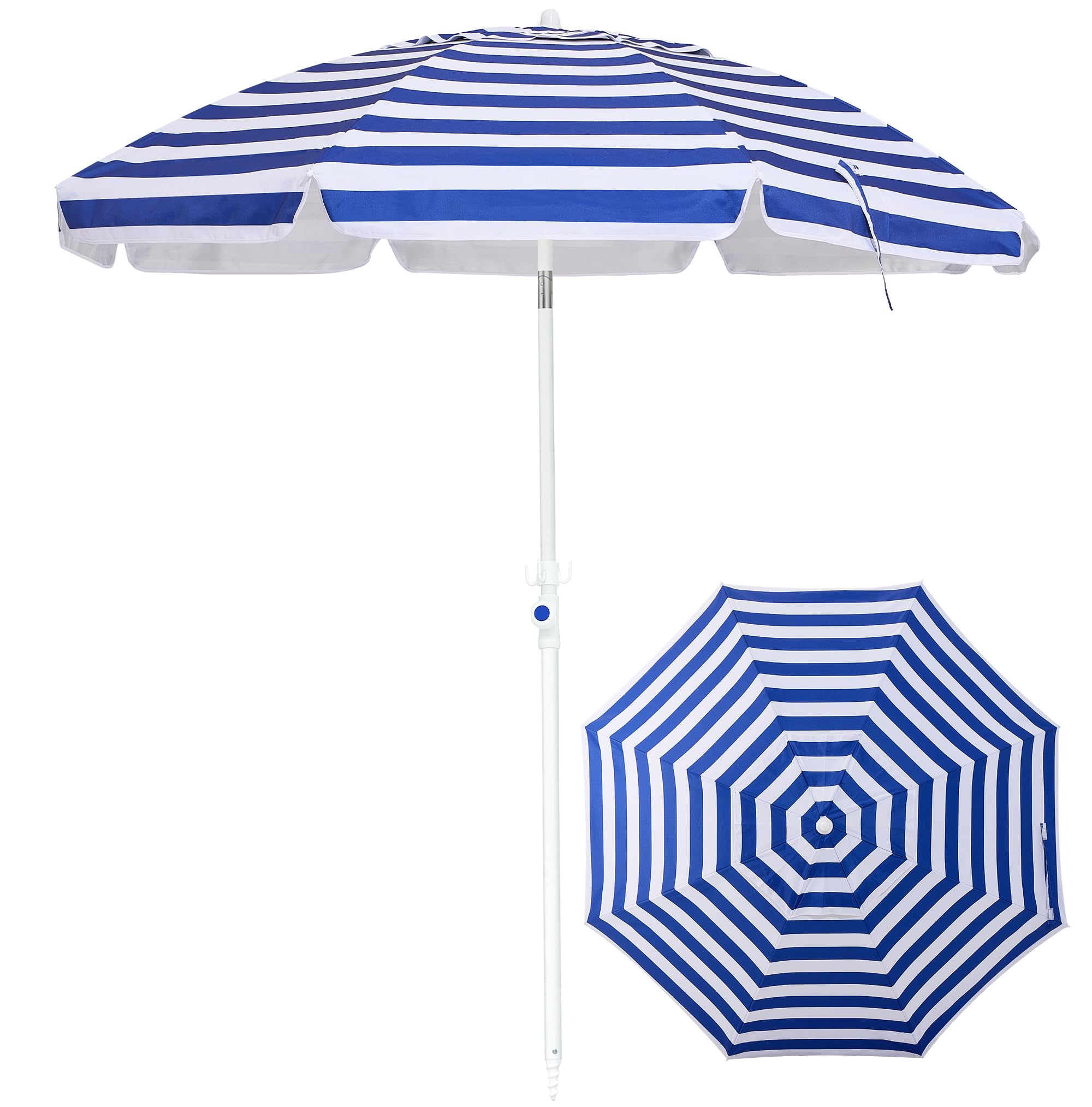 Palawano 1.8M Strandsonnenschirm mit Sandschraube, UV Schutz Sonnenschirm UPF 50+, Neigbarer Outdoor Sonnenschirm bis 30° für Strand, Garten, Terrasse & Pool, Blau-Weiße