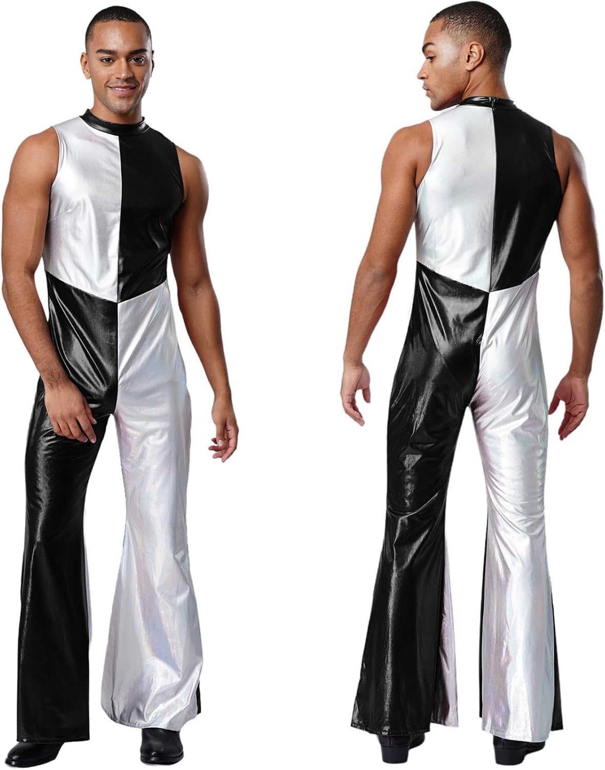 Men's Metallic Shiny Contrast Color Jumpsuit Sleeveless Flared Pants Back Zip Bell Bottom Rompers