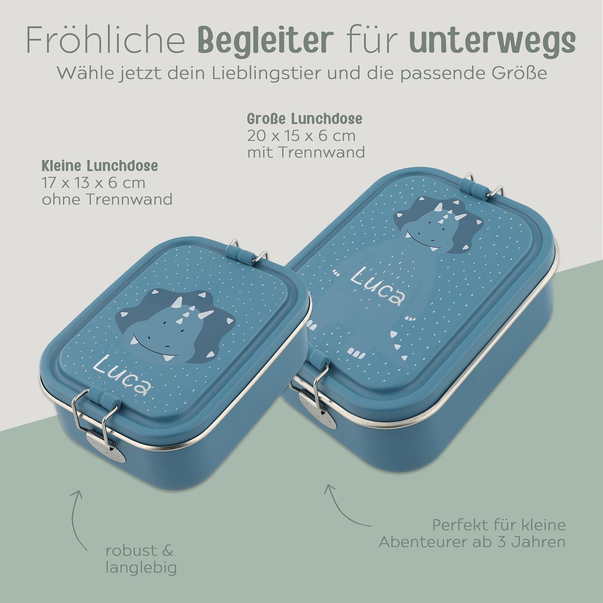 TRIXIE Brotdose Kinder Edelstahl Lunchbox personalisiert Frühstücksbox mit Fächern und Clip