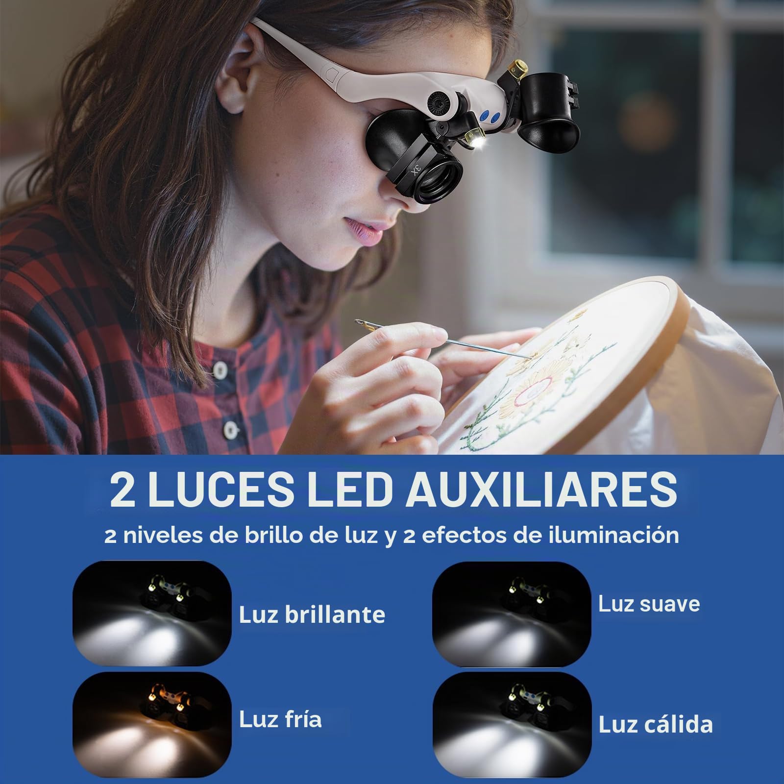 Lupa de Cabeza con Luz，7 Pares de Lentes Intercambiables (3X-15X) para Joyeros Reparación Relojes - Gafas Lupa LED Recargables para Trabajo de Cerca, Manualidades & Electrónica