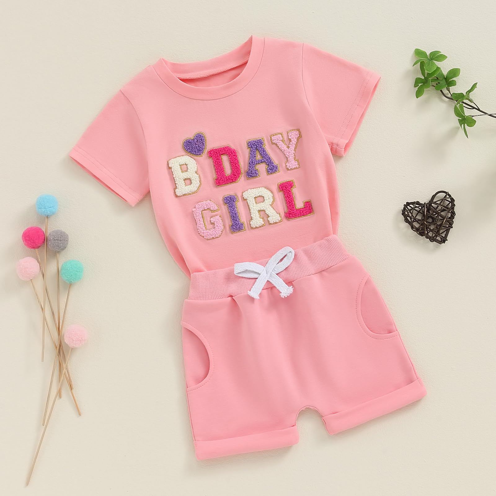 Baby Birthday Girl Outfit Birthday Girl Letter Short Sleeve T-Shirt Elastic Shorts Summer Princess 2 Piece Clothes (Rose, 18-24 Months)