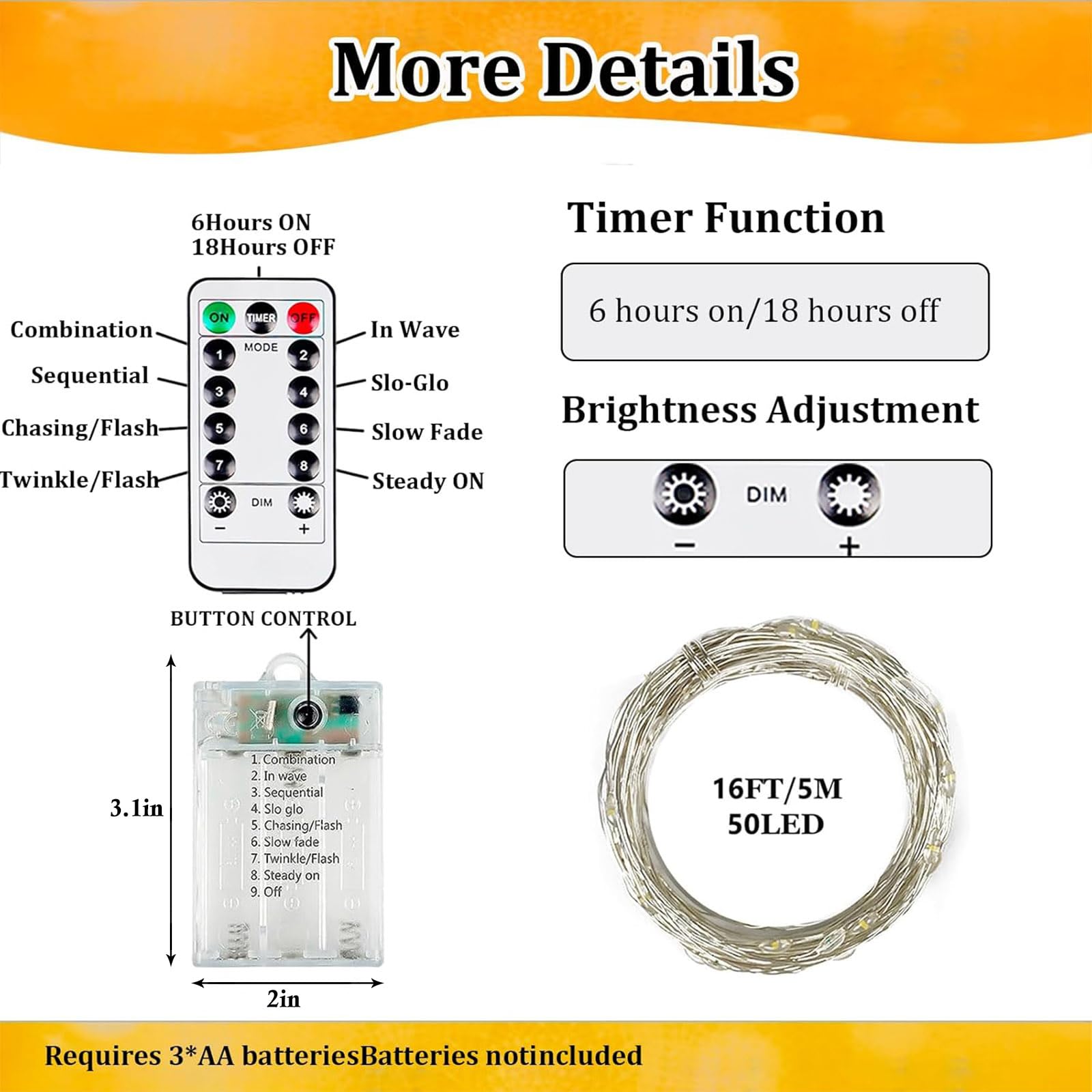 Paquete de 4 50 luces LED de hadas que funcionan con pilas con temporizador de control remoto, 16 pies, 50 luces LED para exteriores e interiores, 8 modos de luces parpadeantes para Navidad, boda