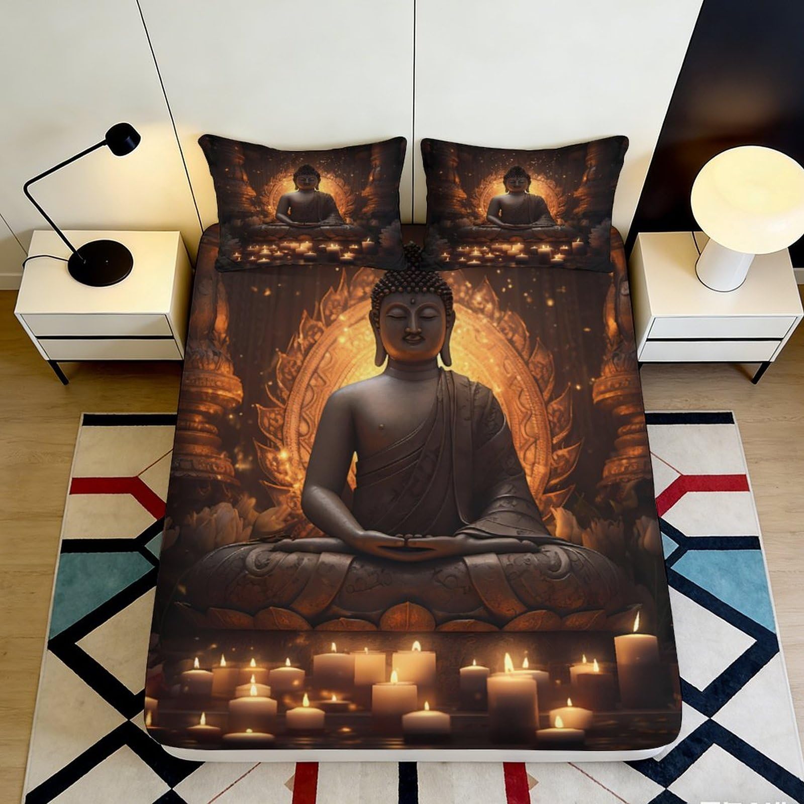 3D Printed Buddha Meditation Fitted Sheet Microfiber Anti-Slip Candlelight Mattress Cover for Bedroom Dorm Decor 120x200cm 120x200x25cm
