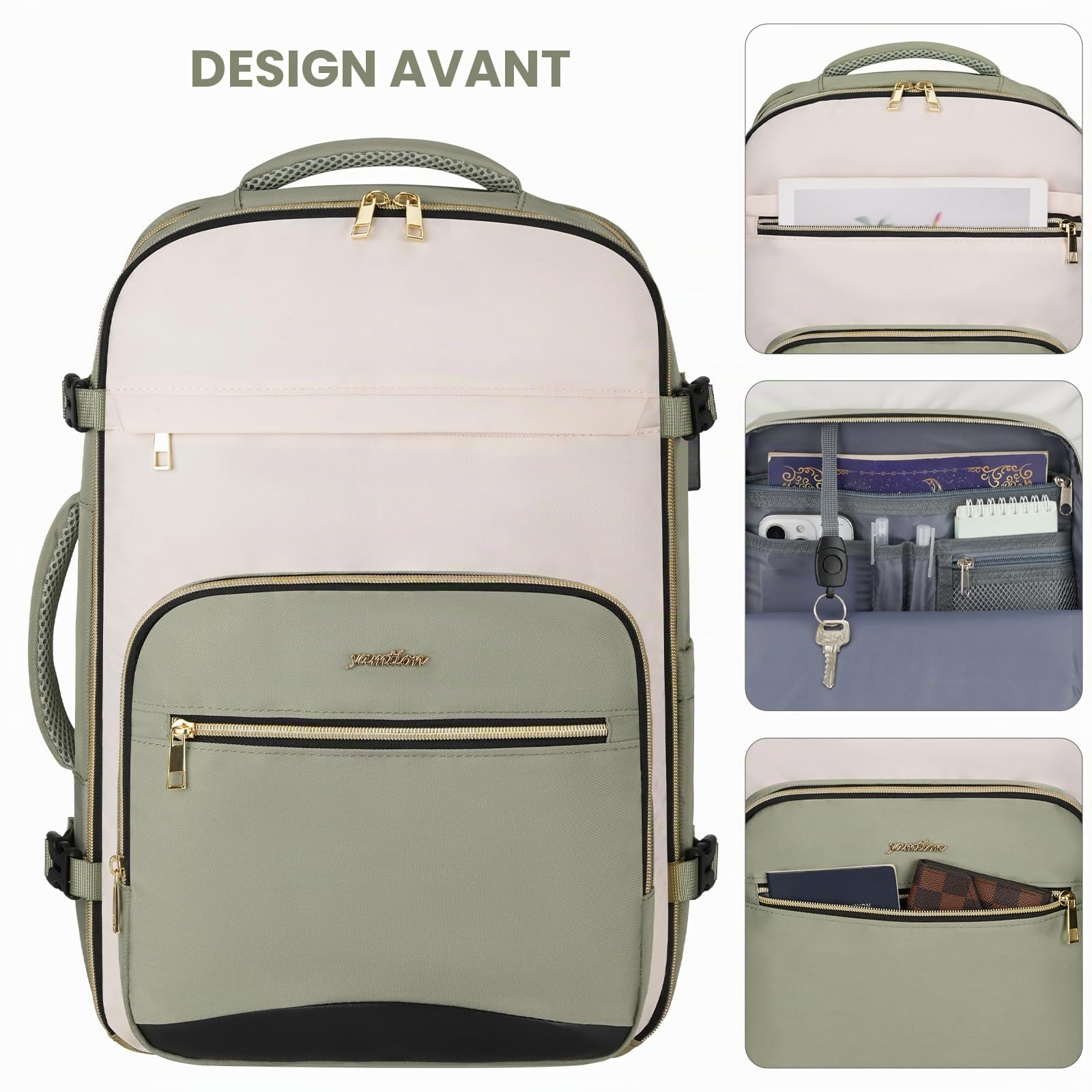 YAMTION Sac à dos de voyage cabine femme Vert avec 4 cubes de rangement, sac de week-end adapté aux vols, idéal pour les affaires, la randonnée, le travail, l'école et les études
