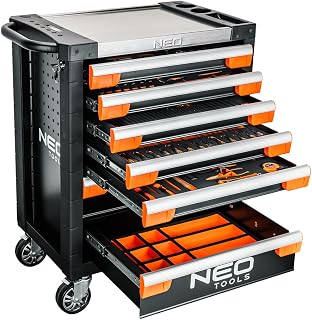 NEO TOOLS PRO Werkzeugwagen mit Werkzeug 329 TLG, 7 Schubladen Werkstattwagen, Stahl SPCC, Aluminium Arbeitsplatte, Eva Einlagen, 775 x 465 x 978 mm, bis 300 kg Traglast