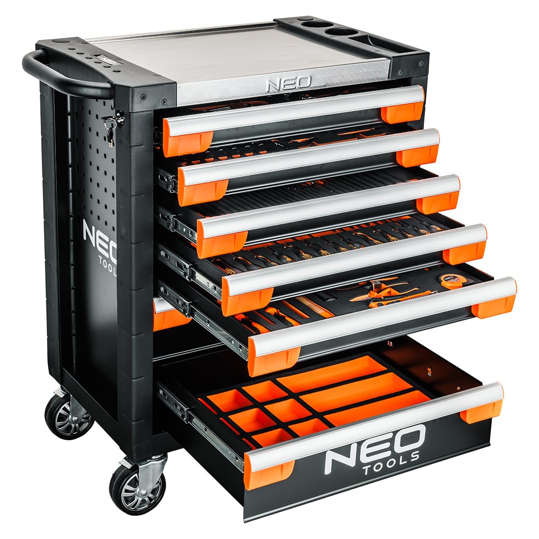 NEO TOOLS PRO wózek warsztatowy wyposażony w 329 części, 7 szuflad, profesjonalna szafka narzędziowa, stal SPCC, aluminiowy blat roboczy, wkładki EVA, nośność 300 kg