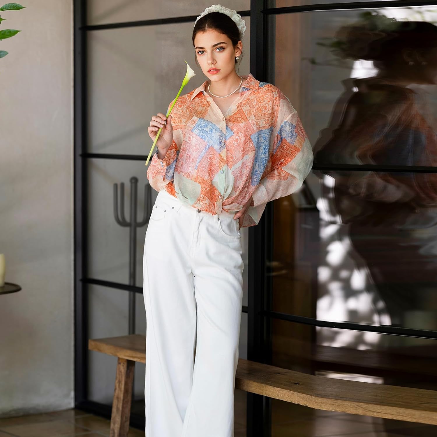 Womens Silk Oversized Button Down Shirts Long Sleeve V Neck Paisley Print Boho Blouse Dressy Casual Summer Work Tops - Image 3