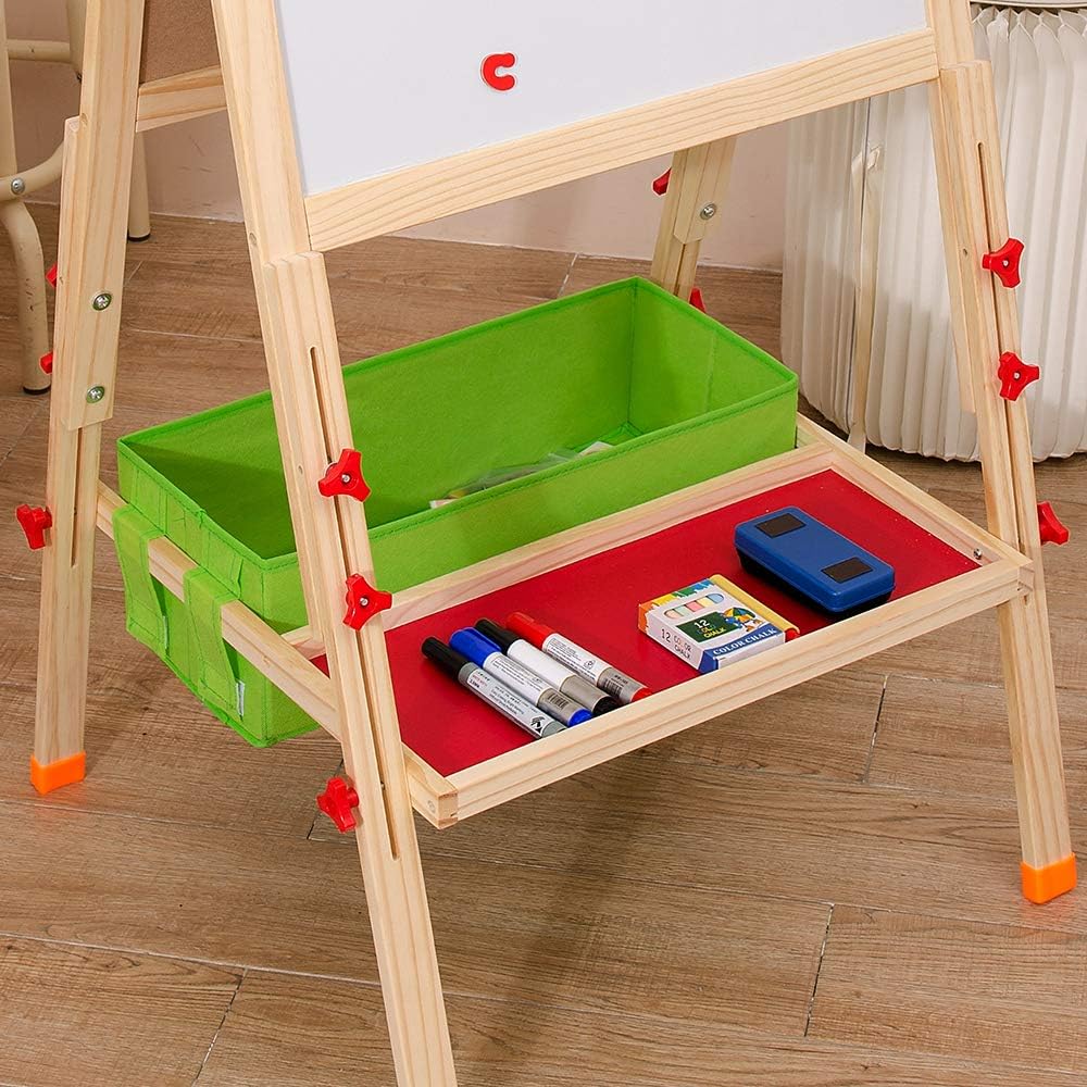 Kids Easel, Wooden Standing Art Easel with Tray, Double Sided Standing Chalkboard and Whiteboard, Modern Style, Pine Material, One Colour