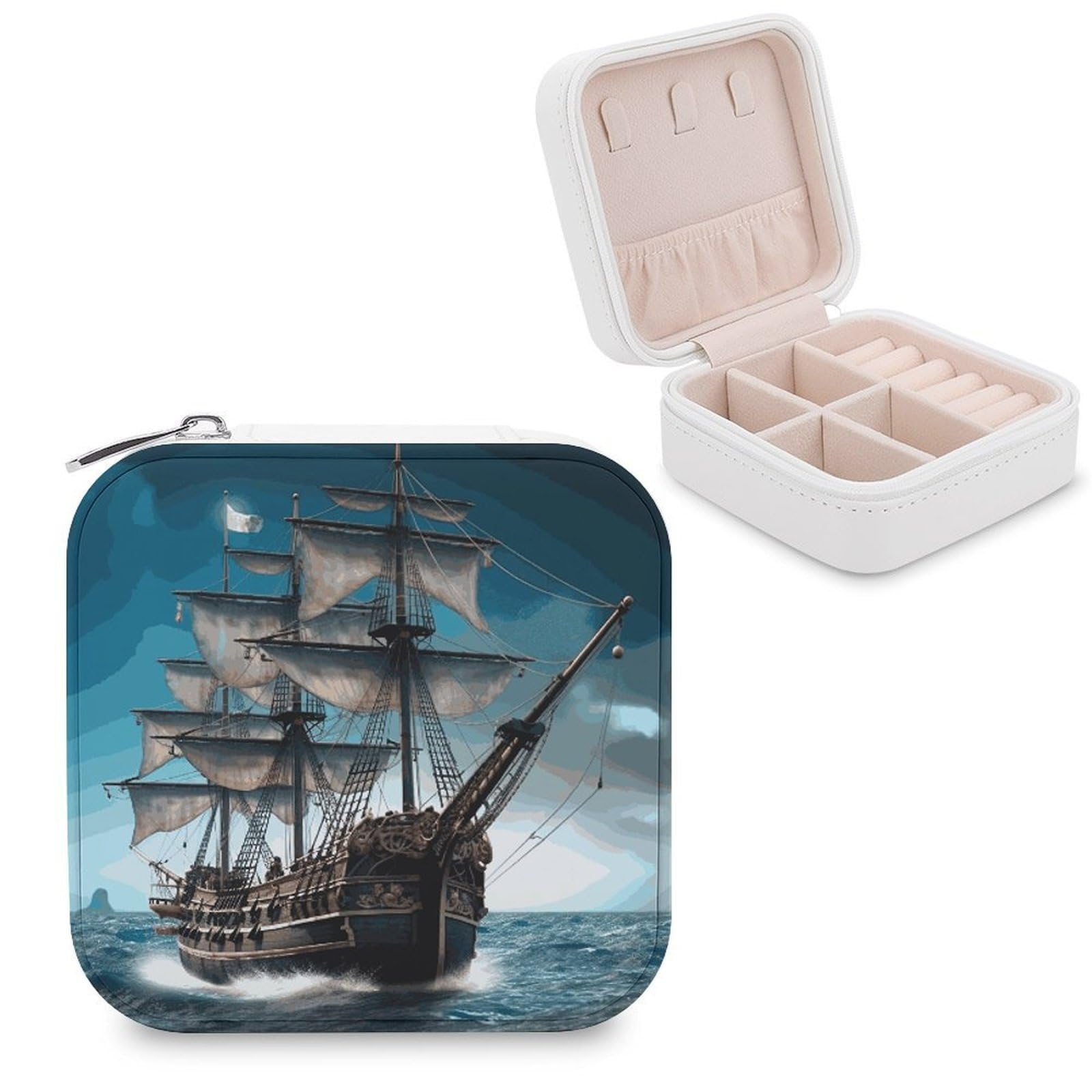 MUSM Pirate Ship Travel Jewelry Case Personalized PU Leather Jewelry Boxes for Women Small Portable Jewelry Organizer Box Cute Trinket Box for Necklaces Rings Earrings & Gifts