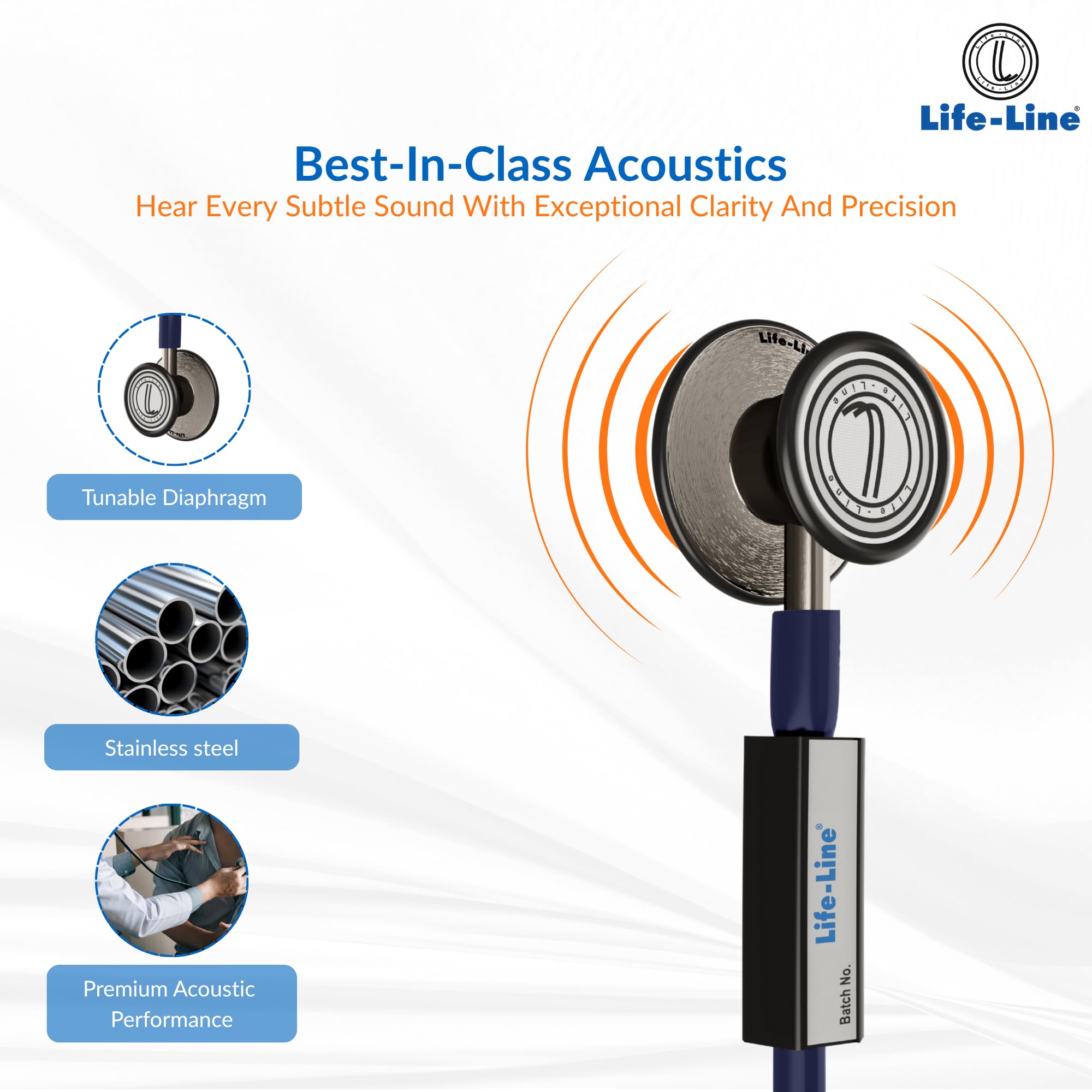 LIFE LINE Max3 SS Stethoscope (Dark Blue) | Dual Side Diaphragm Chest Piece for Adult and Paediatric | 2-way Tube | For Doctors & Students