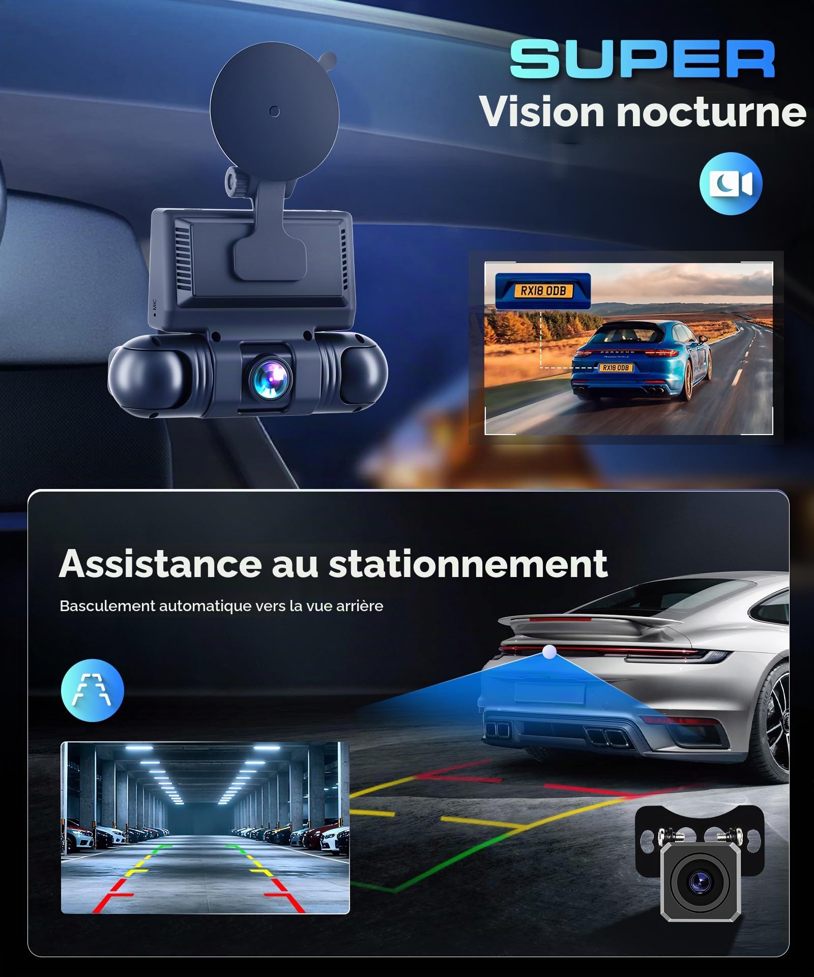 VECHTEL Dashcam Voiture 2K avec Wi-FI,4 caméras embarquées 1080P avec écran IPS 3 Pouces, Vision Nocturne, accéléromètre, Protection à 360 degrés, avec Une Carte de 128 Go,G-Capteur