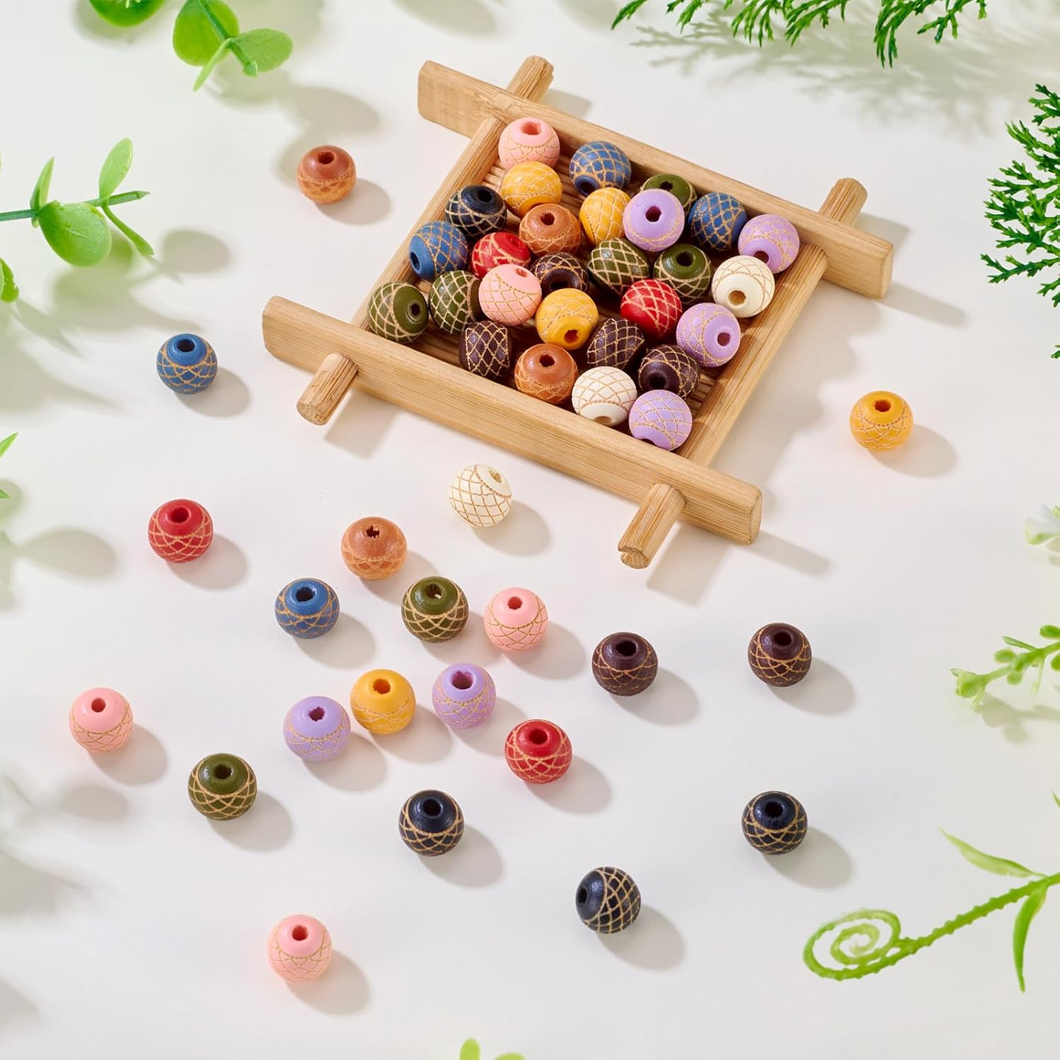 KISSITTY 60Pcs Colorful Natural Round Wood Bead Assorted Large Hole Wooden Craft Beads Bulk with Mesh Pattern Mixed Pattern Rondelle Loose Spacer Beads for Bracelets Necklaces Keychains Jewelry Making - Image 7