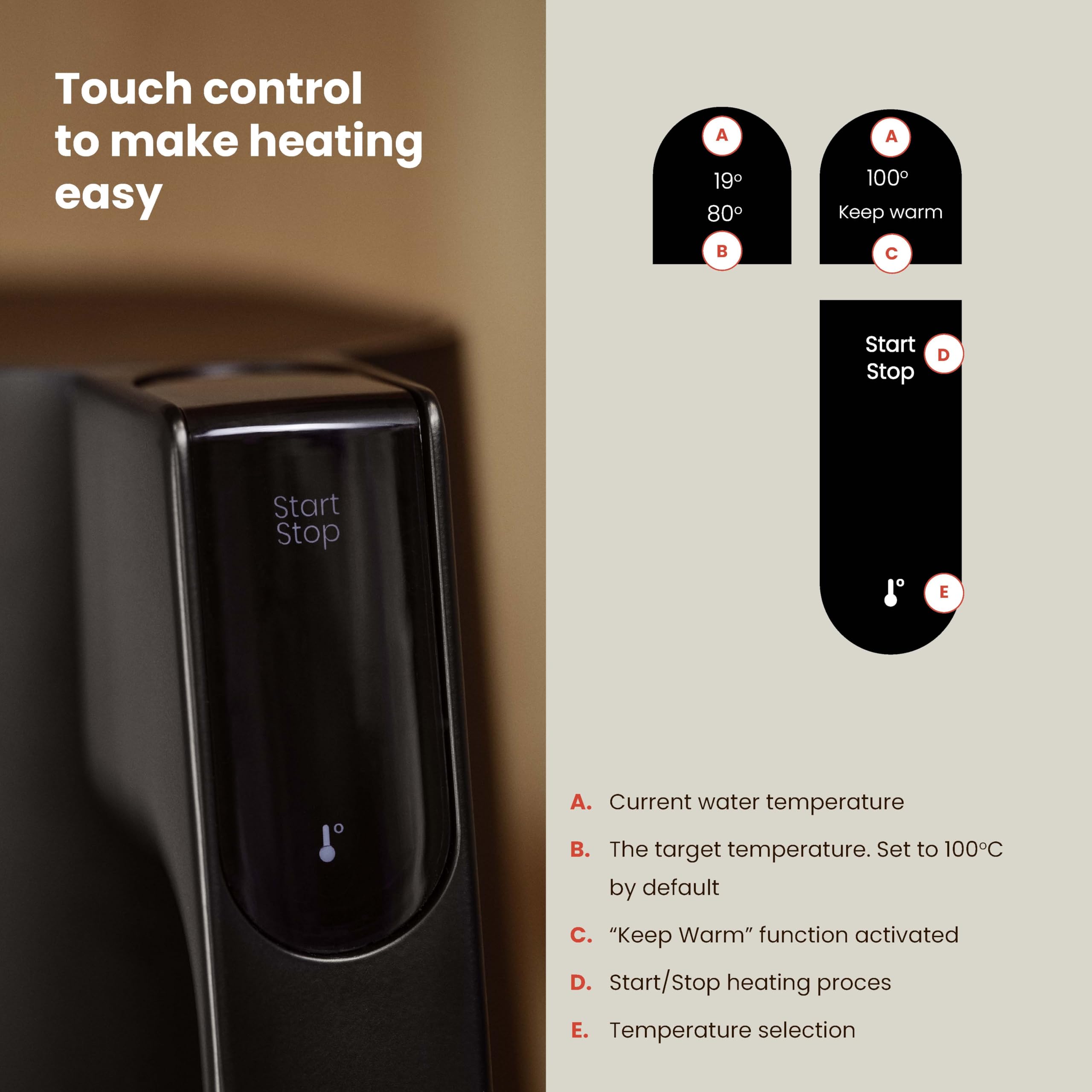 Jacob Jensen Elektrischer Wasserkocher mit Temperatureinstellung von 70°C bis 100°C, Warmhaltefunktion, Signalton, LED-Display mit Temperaturanzeige & Touch-Bedienung, BPA-Frei, 1,2 Liter, Schwarz