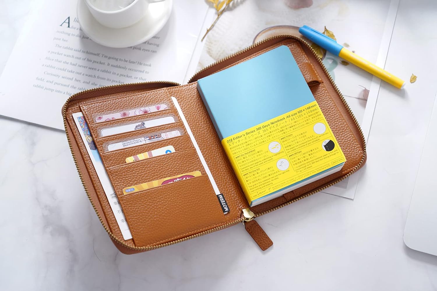 Moterm Zippered Leather Cover for A6-Notebooks - Fits Hobonichi Original, Stalogy and Midori MD Planners (Pebbled-Burnt Orange)