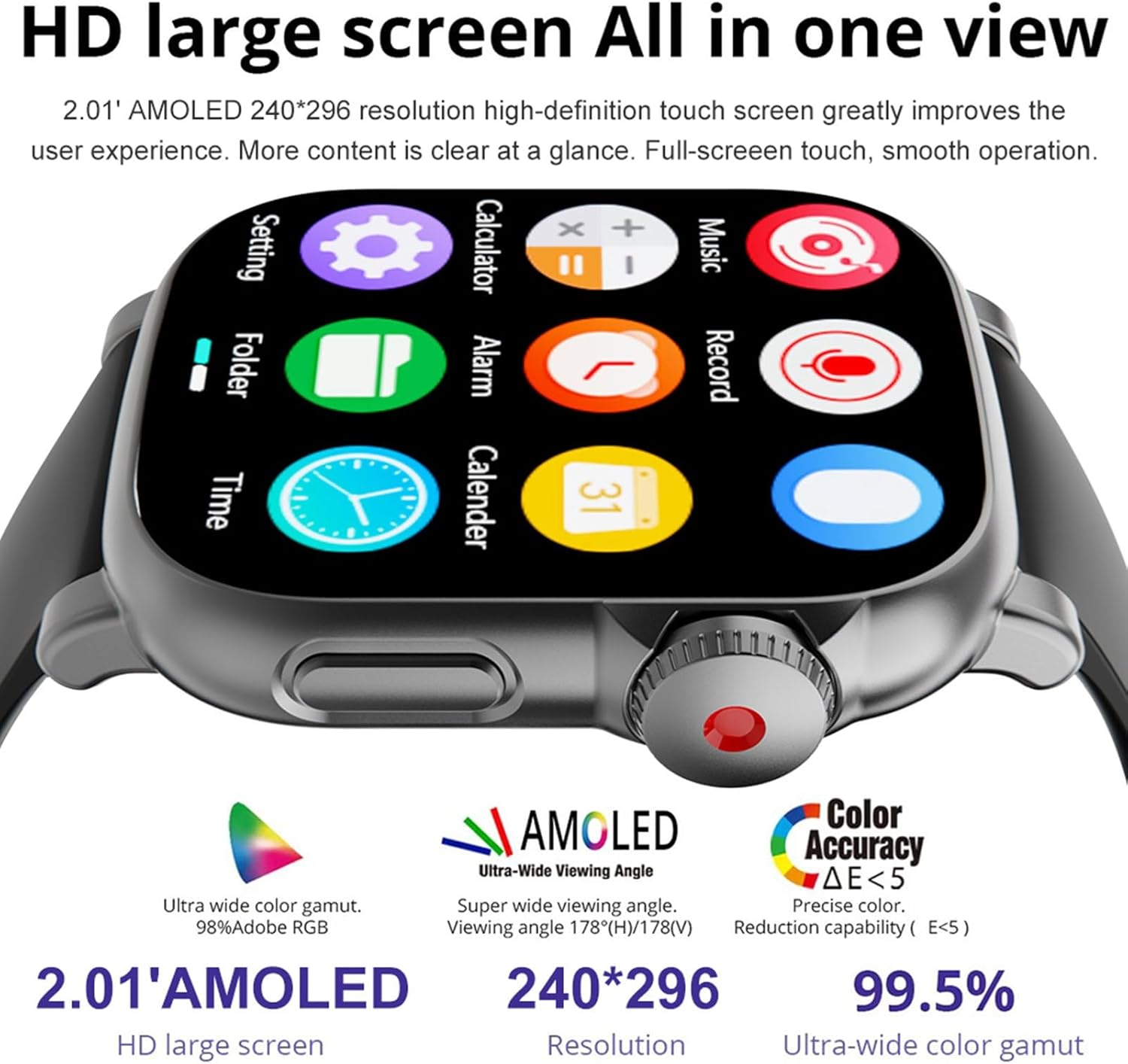 Close-up of the Tosuny MP3 player's 2.01-inch AMOLED screen, showing app icons for Settings, Calculator, Music, Record, Alarm, Calendar, Folder, and Time. Details about the 240x296 resolution, ultra-wide color gamut (98% Adobe RGB), and color accuracy are highlighted.
