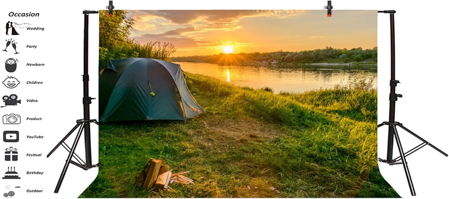 Amazon Laeacco 10 X 6 5フィート 夕暮れ 川辺 キャンプシーン ビニール写真背景 ゴールデンサンセットグロー 草原テントティンバー 背景 キャンプ アマチュア エクスペディション チーム スカウト キャンプ 撮影スタジオ小道具 バックペーパー 背景布 通販
