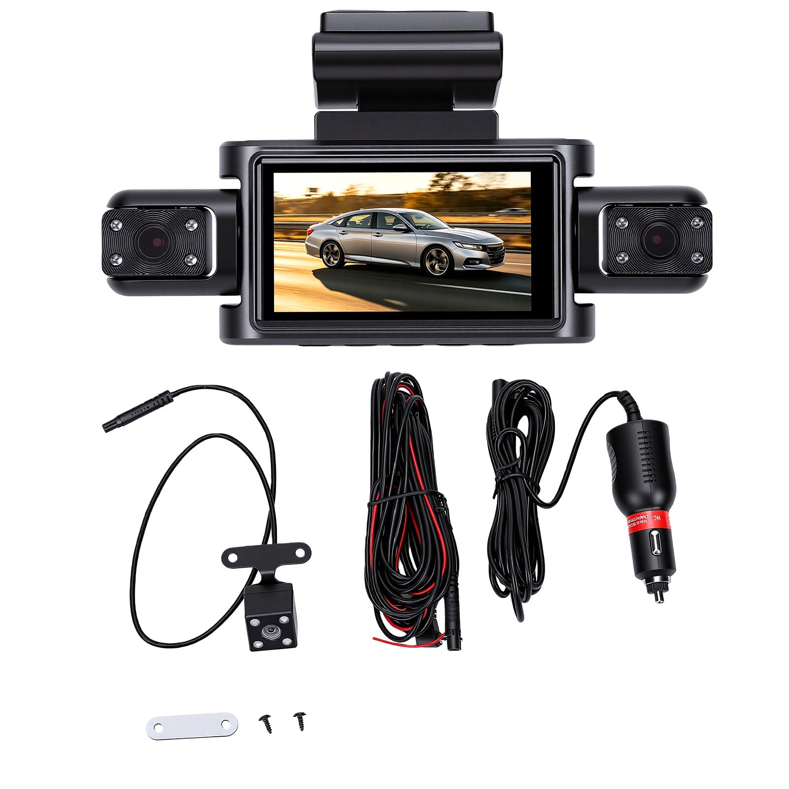 Naroote Dash Cam 4 Canali 1080P, Schermo 3 Pollici, Modalità Notturna