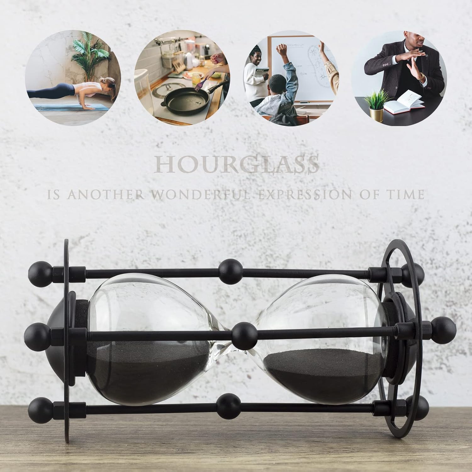 Hour Glass with Sand, 15 Minute Hourglass Timer, Vintage Metal Hour Glass for Home Office Desk Decor, Unique Sand Clock Gifts (Black)