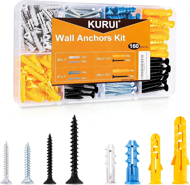 Drywall Anchors and Screws Assortment Kit, 160Pcs Dry Wall Anchors | 80 Plastic Wall Expansion Anchors and 80 Phillips Flat Head Wood Screws, Home Improvement Hardware for Picture/Art Decor