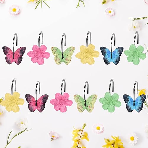 Whaline 12 ganchos de cortina de ducha de mariposa para el hogar, accesorios coloridos para colgar cortinas de resina, ganchos decorativos de flores