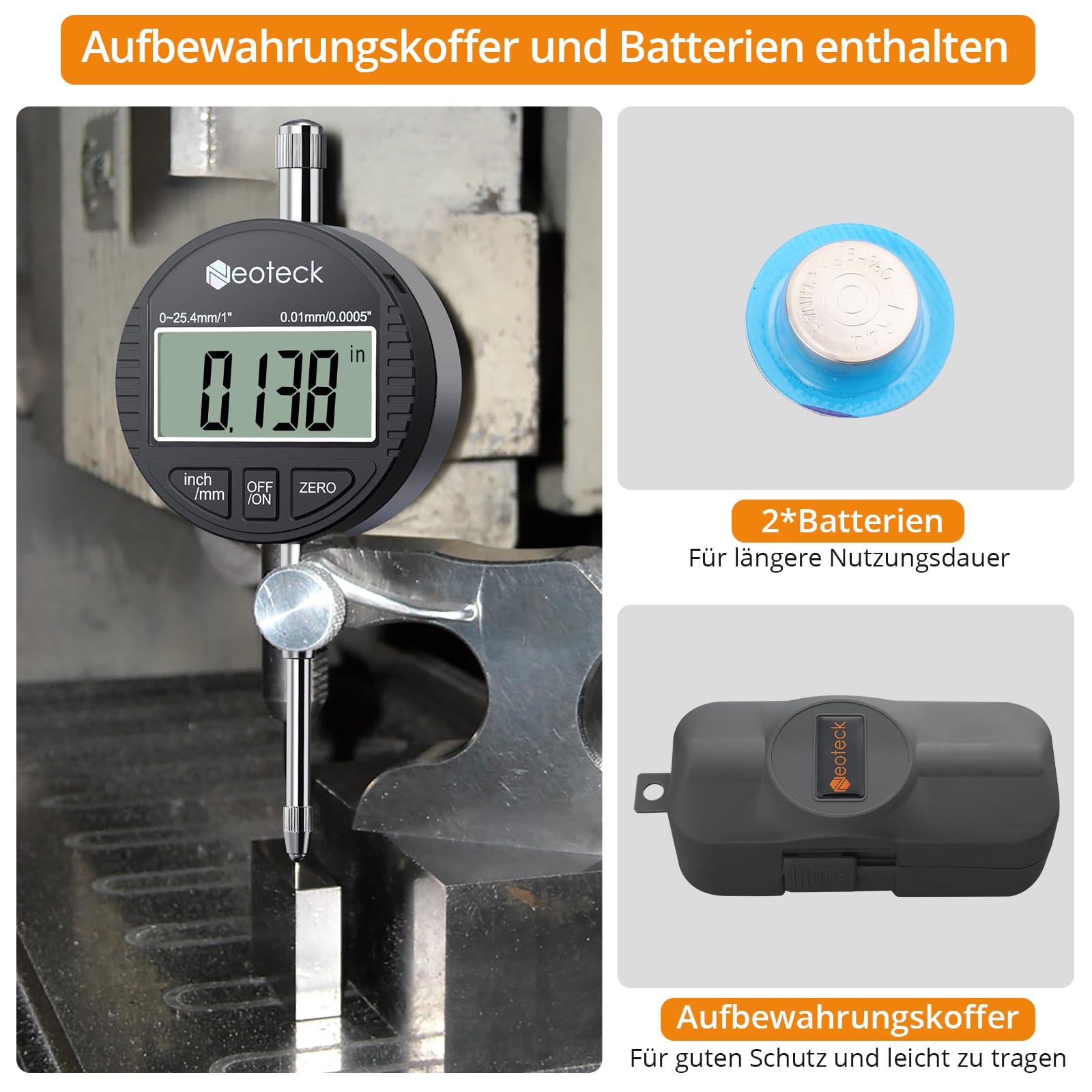 Neoteck Digitale Messuhr 0.01/0.0005'' Digital Messuhr Messtaster 0-25.4mm/1'' Digital Dial indicator Messgerät, für Labor, 3D Drucker, Werkstatt (Schwarz)