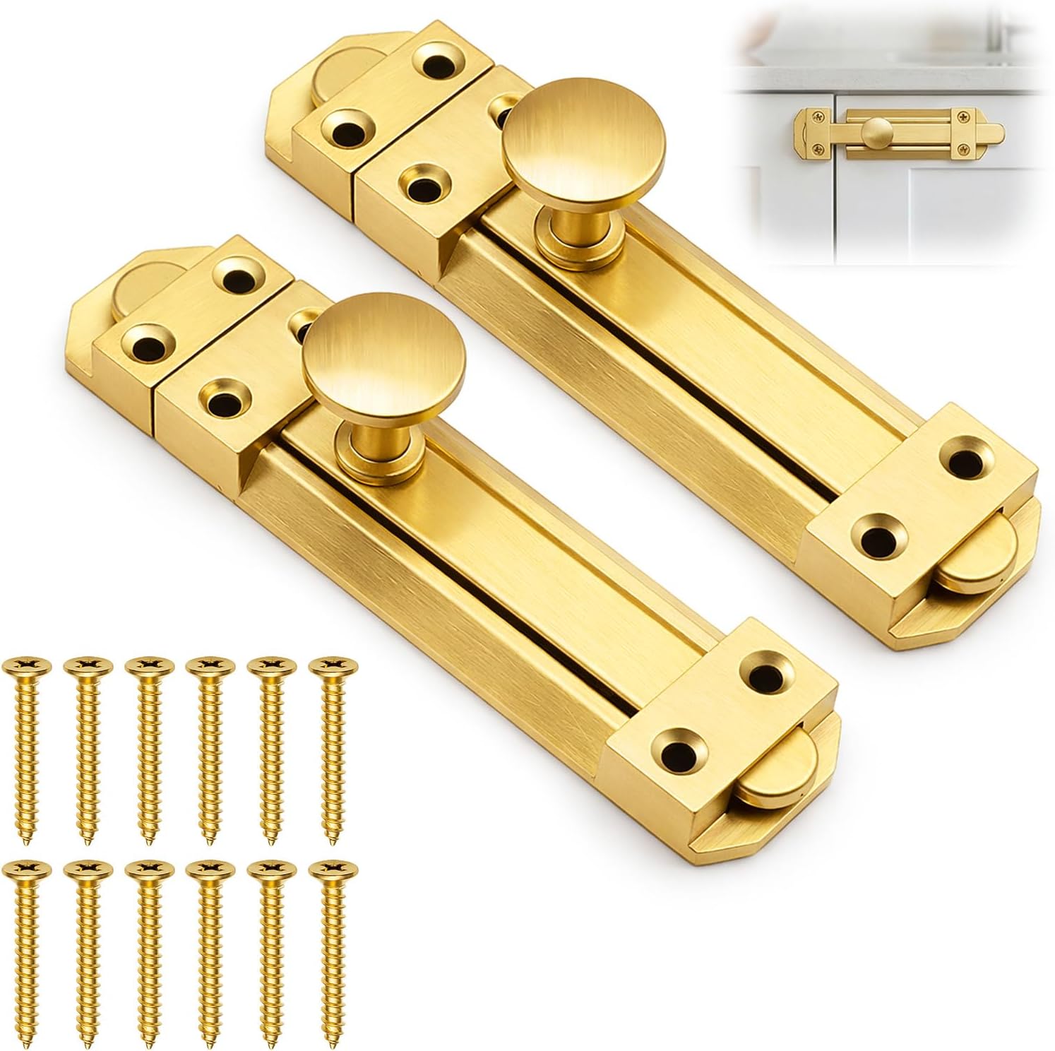 2 Pack Surface Mounted Sliding Door Lock 4 inch/100mm Brass Door Bolt Lock Thick Security Gate Bolt Heavy Duty Slide Gate Latch for Internal External Doors Bathroom Bedroom Cabinets Cupboards, Gold