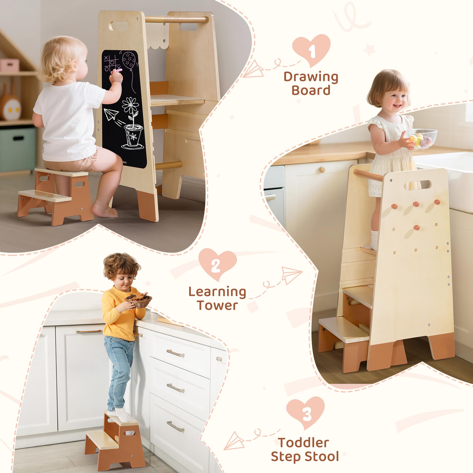 ROBUD Lernturm für Kleinkinder mit abnehmbarem Tritthocker, 2-in-1 Lernturm aus Holz mit Tafel, 3-Fach höhenverstellbar, Tritthocker für Kinder von 2-6 Jahren