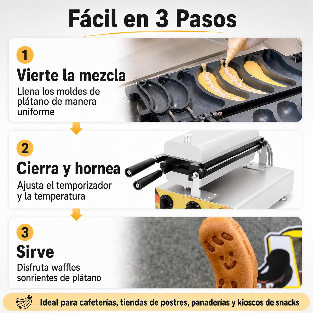 Gofrera Profesional con Forma de Plátano, 5 Gofres por Hornada, Placas Antiadherentes, Temporizador y Temperatura Ajustables, para Cafeterías, Heladerías, Churrerías y Food Trucks