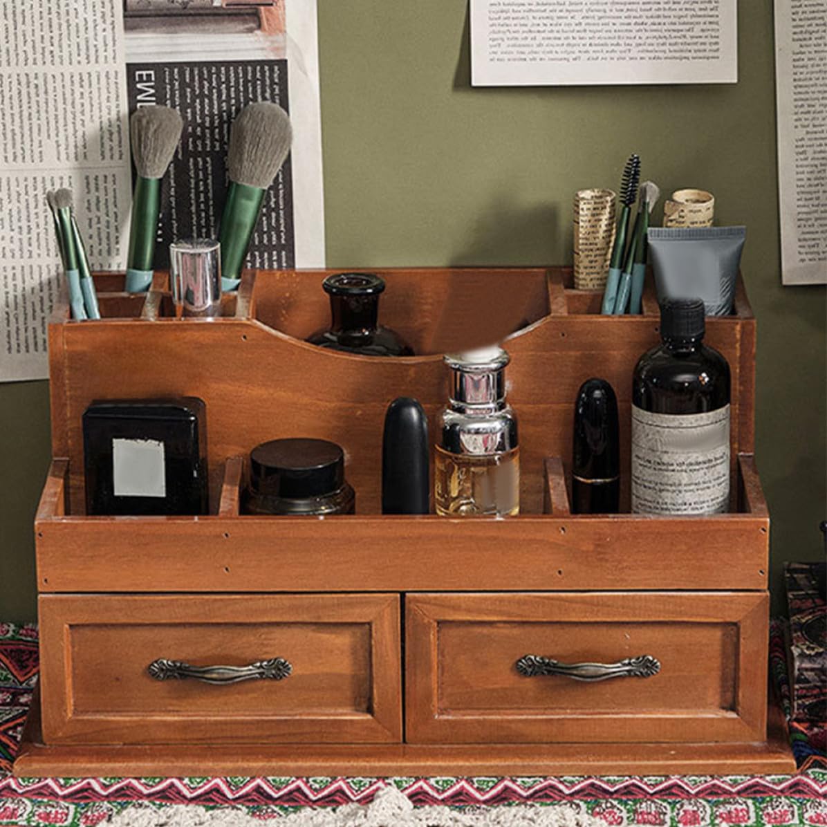 Artibetter Organizzatore da Scrivania in Legno Naturale Stile Vintage 2 Cassetti per Gioielli e Cosmetici, Capacità Ampia e Struttura Durevole per Camera o Comodino