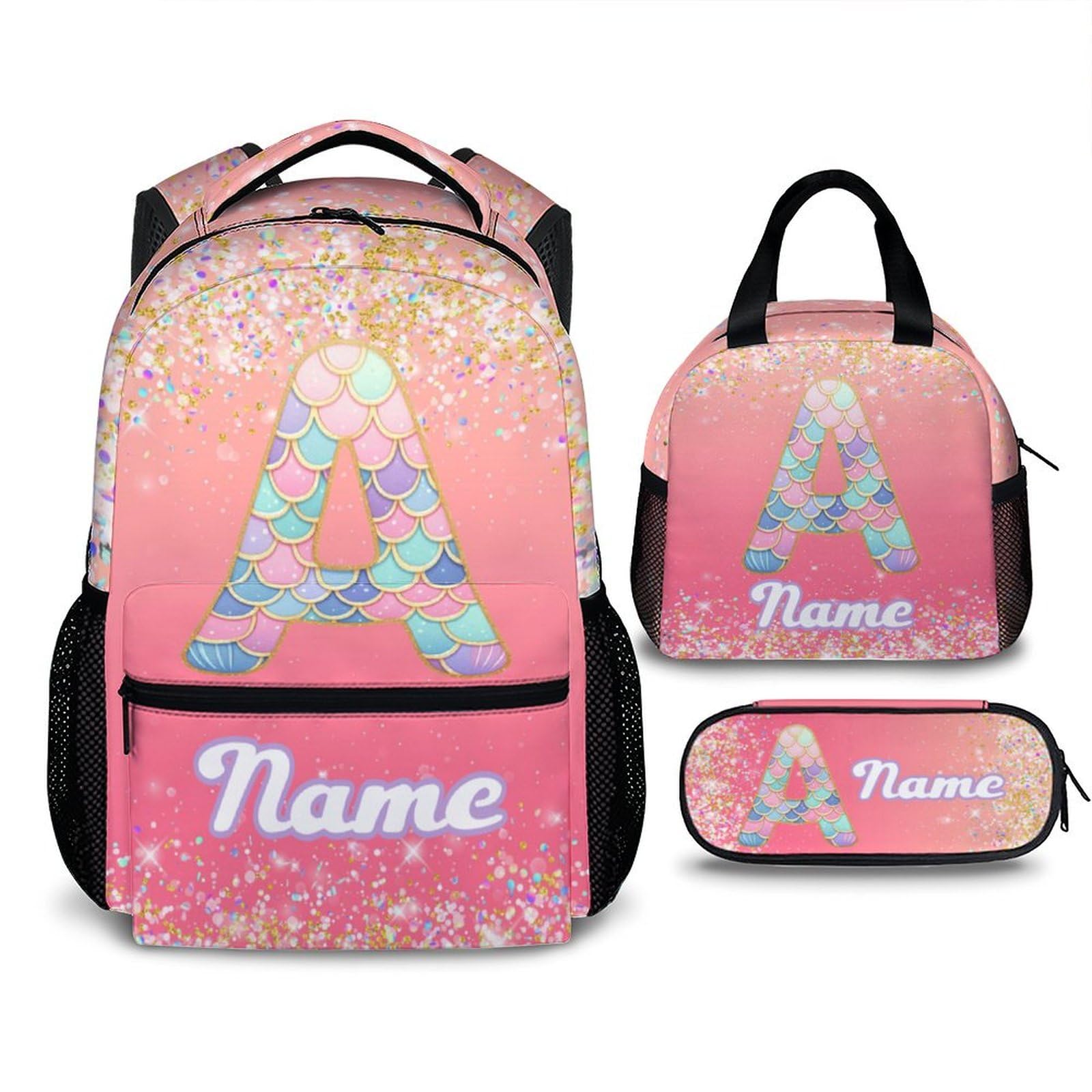 GiftRomance Kids Backpack, Custom Mermaid Backpack for Girls Age 6-8, Gift for Birthday, 3 Set in Cute Kids Schoolbag for Travel School Hiking