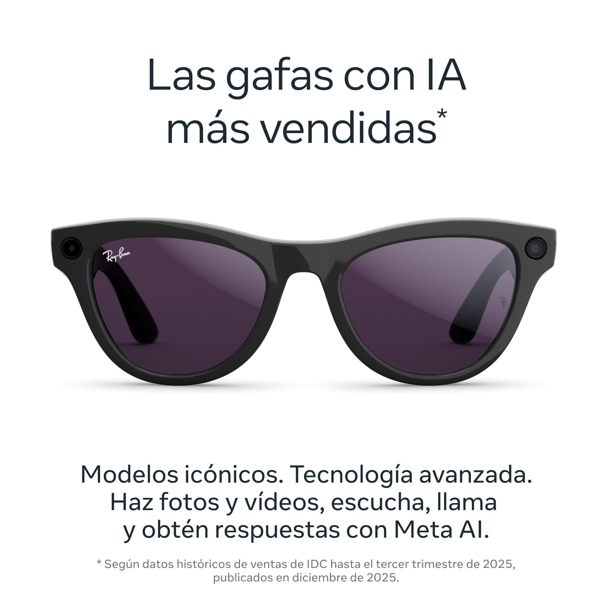 Ray-Ban Meta (Gen 2) Skyler Gafas IA para Hombre, Mujer — Cámara Ultra-Wide 12 MP, Video 3K Ultra HD, Meta AI — 2X Duración de Batería — Montura Negra Brillante, Lente Transitions® Amethyst