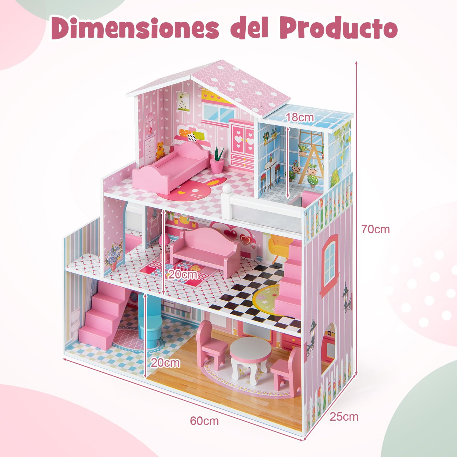 COSTWAY Casa de Muñecas de Madera para Niños, 60 x 25 x 70 cm, Juego de Casa de Muñecas con 5 Cuartos y 10 Piezas de Muebles, Atractivos Papeles Pintados y Baldosas, para Niñas de 3 a 7 Años